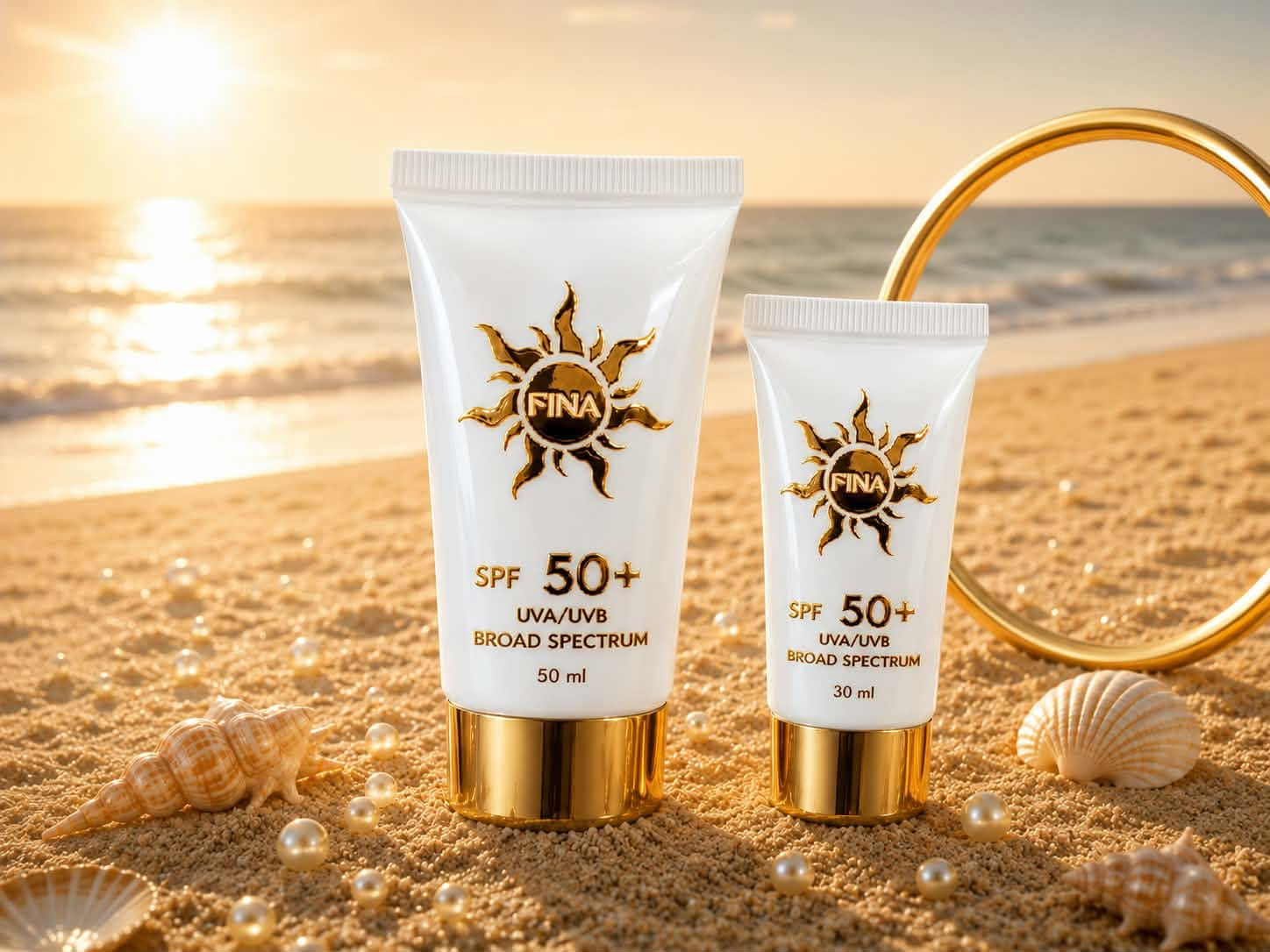 FINA SPF 50+ tubes on a sunset beach