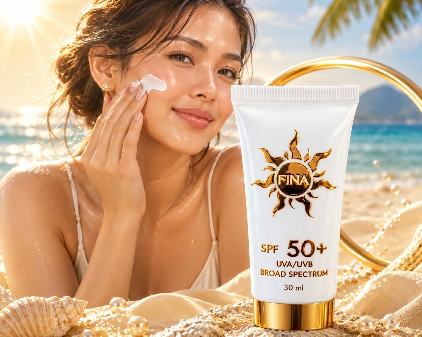 Woman applying FINA SPF 50+ sunscreen at the beach