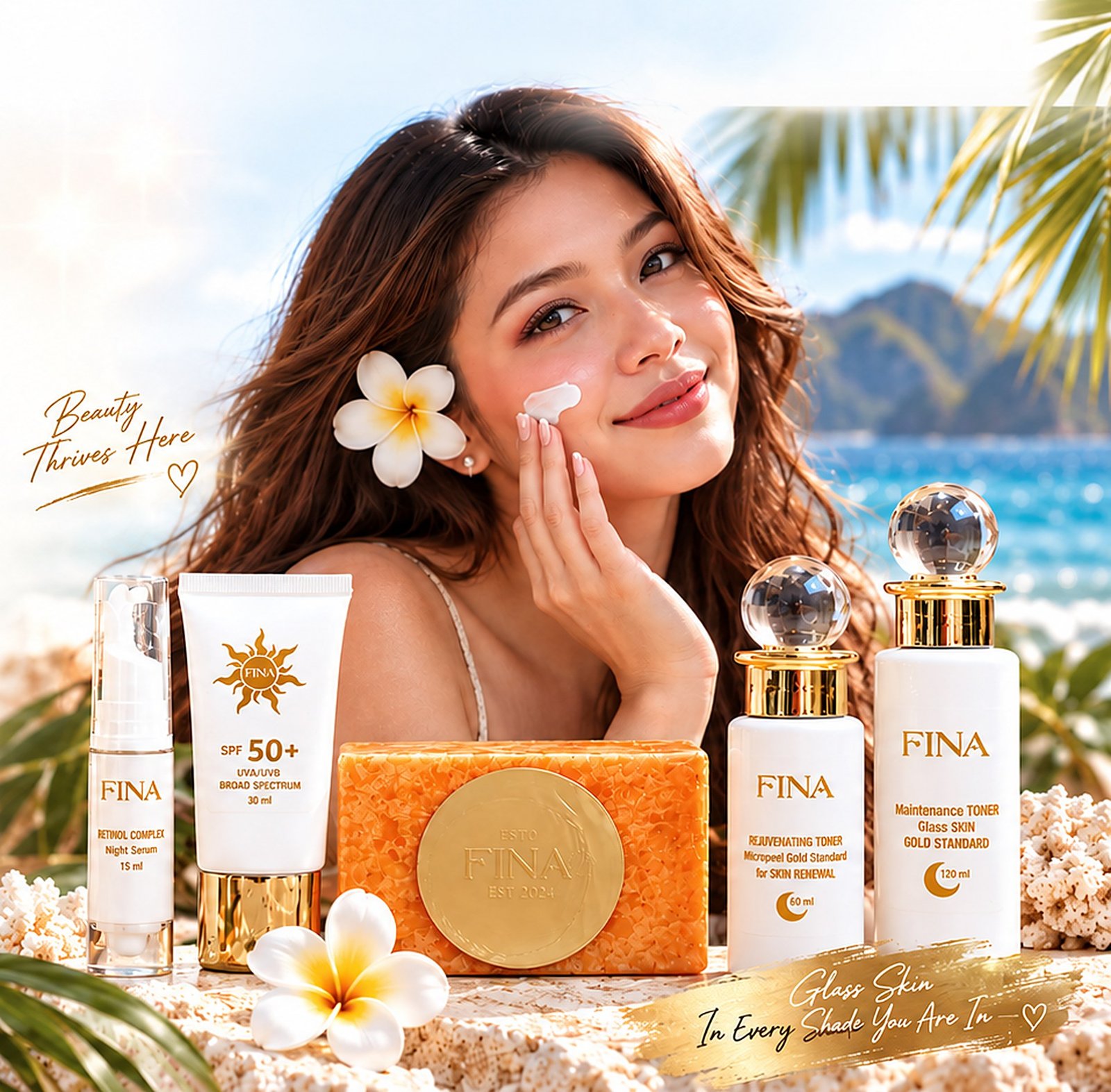 Smiling woman with a plumeria in her hair applying FINA cream on a tropical beach, with FINA SPF 50+, toners, night serum and brightening soap